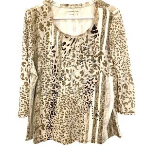 Coldwater Creek Animal Print Top XL Womens Beaded Stretch Chiffon Boho Leopard